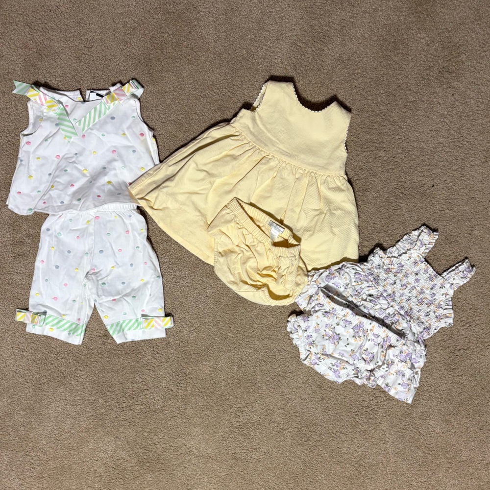 Baby Girl Yellow Dress + Floral Romper + Polka Dot Two-Piece Set